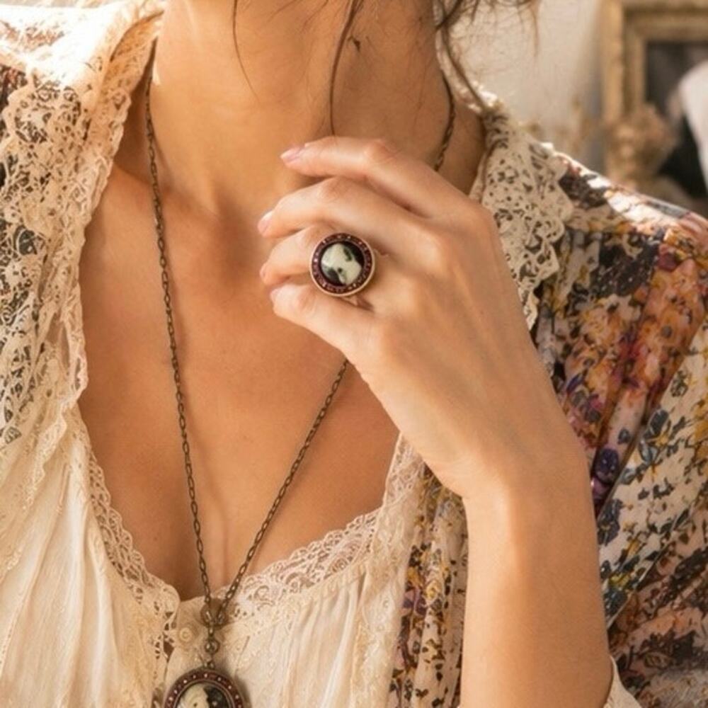 One of a Kind Handmade Shell Casing Cameo Statement Ring Crystal Artisan Jewelry